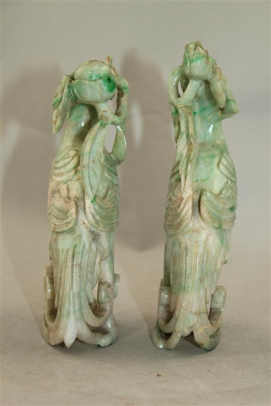 A pair of Chinese jadeite phoenixes, early 20th century, 15.5cm - 16cm